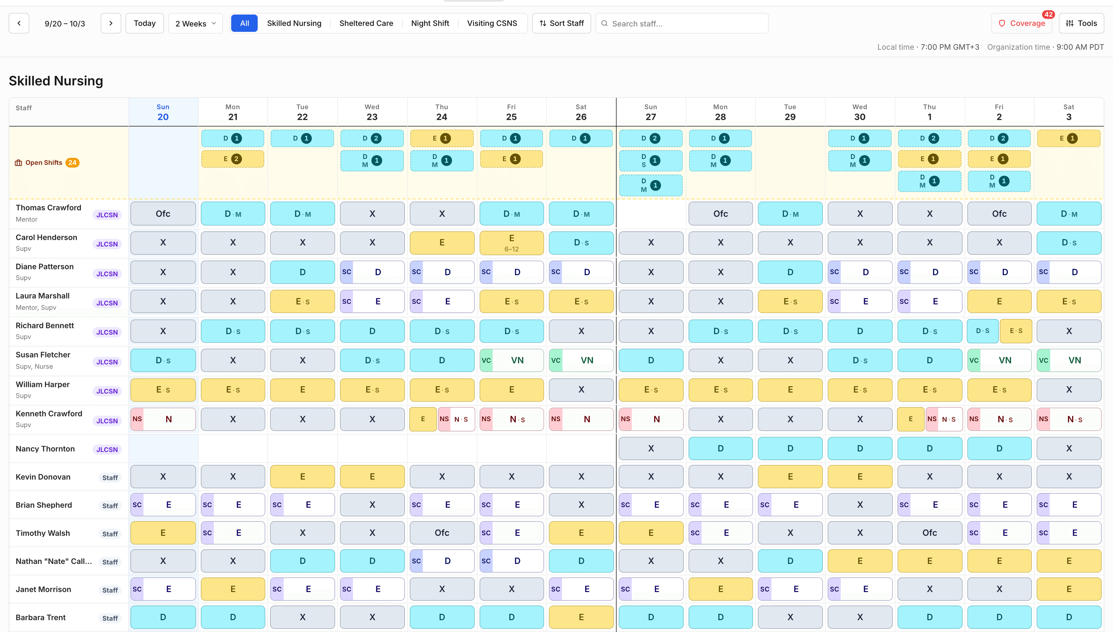 Calm Haven's two-week staff schedule in DubGrid